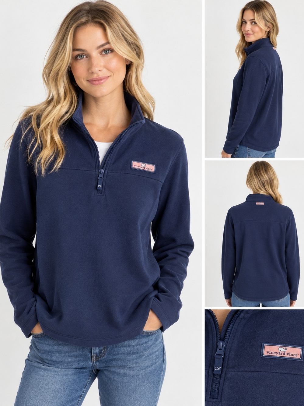 Vineyard Vines Navy Quarter-Zip Fleece Pullover with Pink Logo Patch